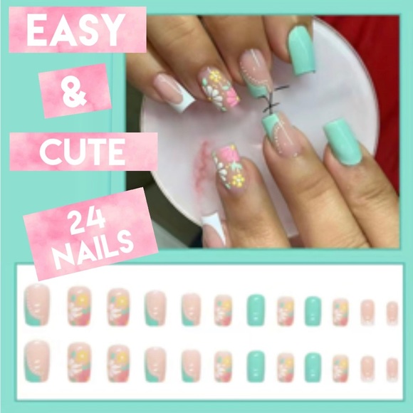 Acrylic Square Tip Flower Fantasy Medium Length Manicure Nails Professional - Picture 2 of 6